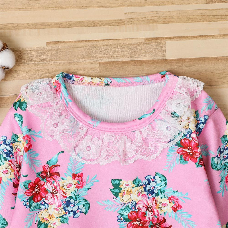 Girls Floral Printed Long Sleeve Lace Collar T-Shirts Bulk Childrens Clothes - PrettyKid