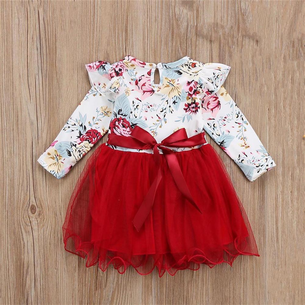 Girls Floral Printed Long Sleeve Puffy Tulle Splicing Dress - PrettyKid