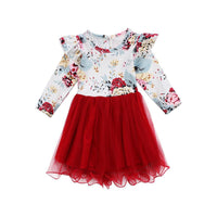 Girls Floral Printed Long Sleeve Puffy Tulle Splicing Dress - PrettyKid