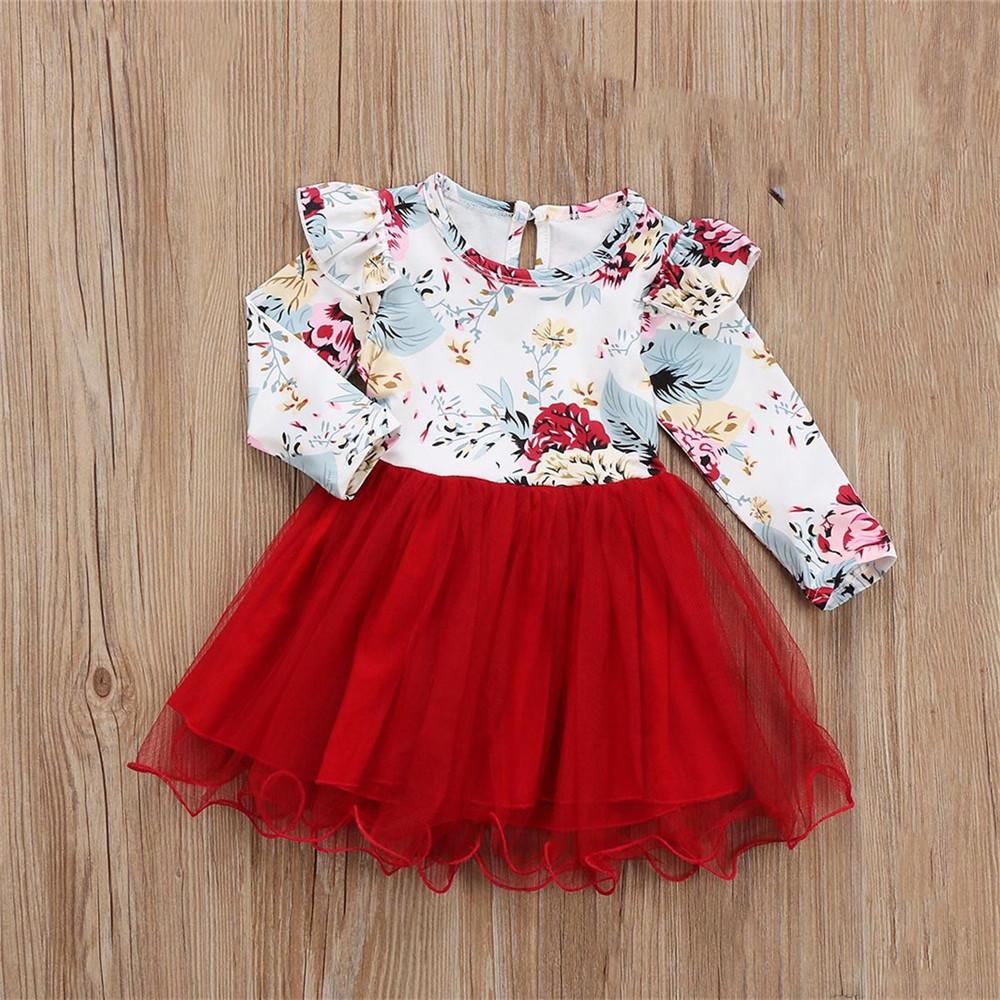 Girls Floral Printed Long Sleeve Puffy Tulle Splicing Dress - PrettyKid