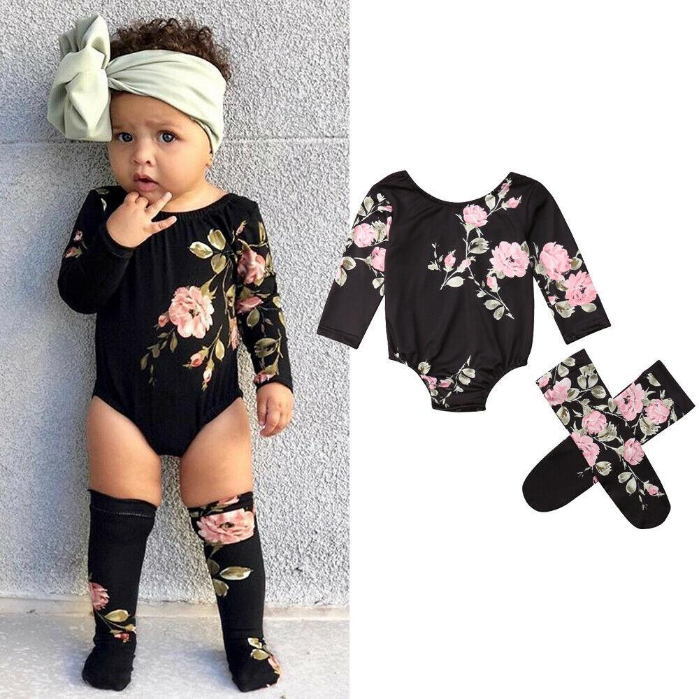Baby Girls Floral Printed Long Sleeve Romper & Socks Cheap Boutique Baby Clothes - PrettyKid