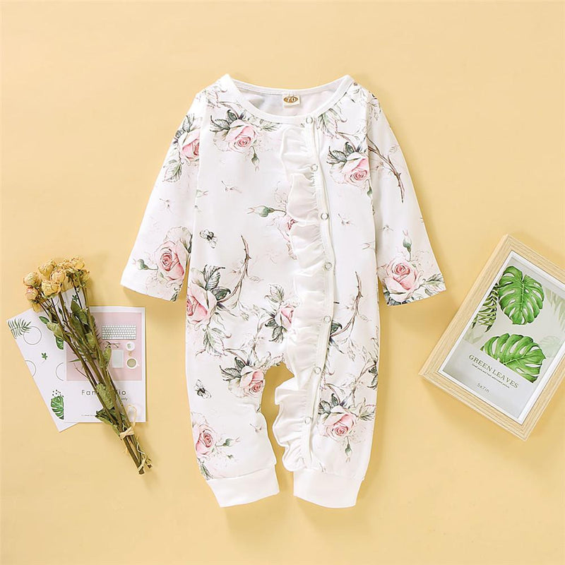 Baby Girls Floral Printed Long Sleeve Rompers - PrettyKid