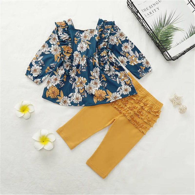 Girls Floral Printed Long Sleeve Ruffle Blouse & Solid Pants - PrettyKid