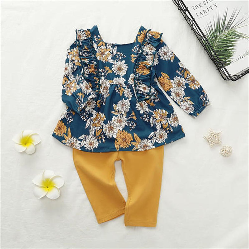 Girls Floral Printed Long Sleeve Ruffle Blouse & Solid Pants - PrettyKid
