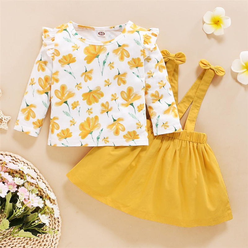 Girls Floral Printed Long Sleeve T-shirt Suspender Skirt Girls Clothing Wholesalers - PrettyKid