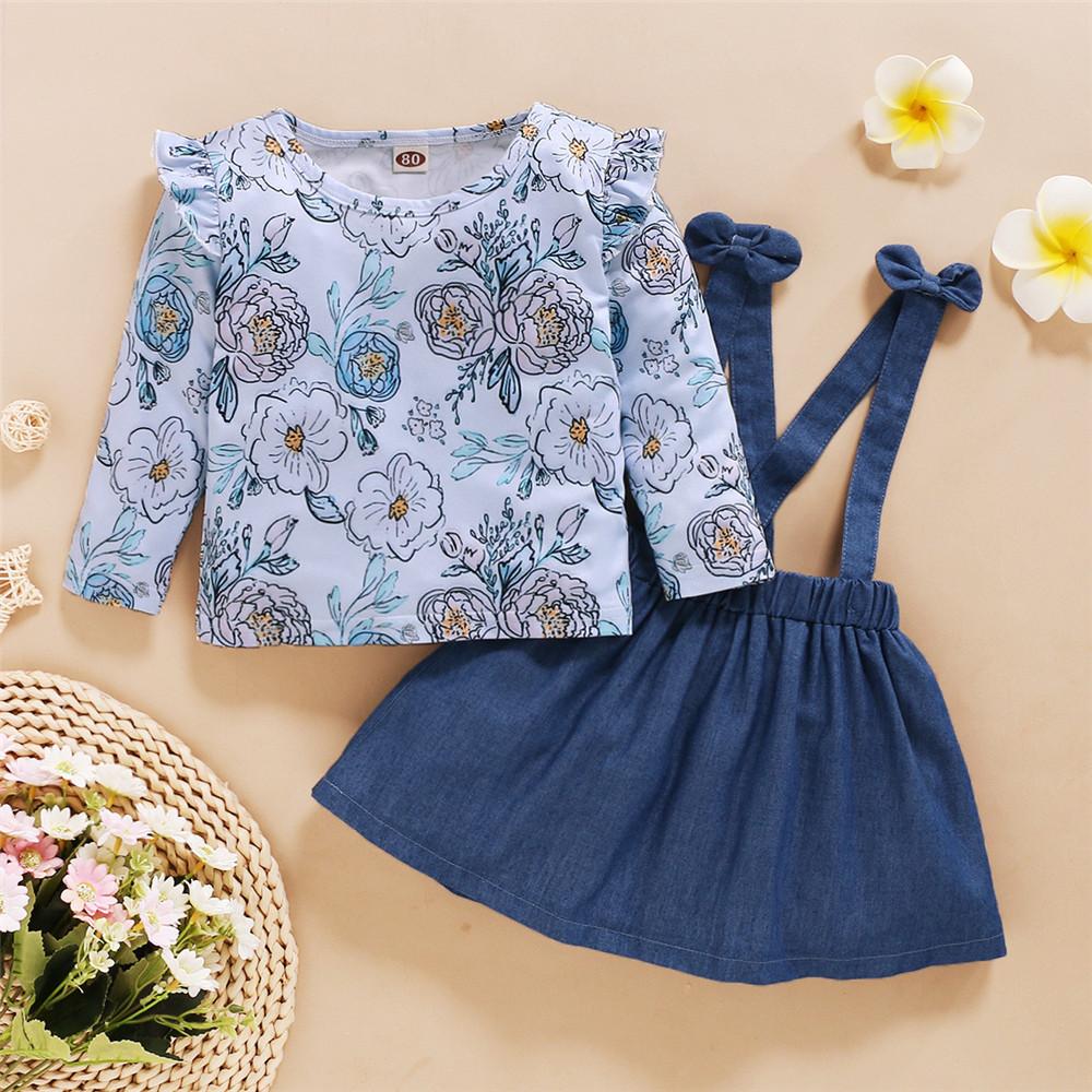 Girls Floral Printed Long Sleeve T-shirt & Suspender Skirt Wholesale - PrettyKid