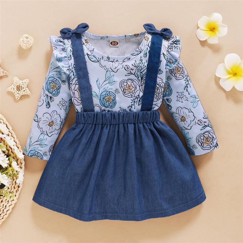 Girls Floral Printed Long Sleeve T-shirt & Suspender Skirt Wholesale - PrettyKid