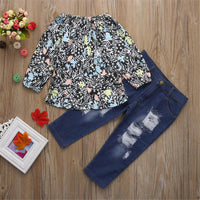 Girls Floral Printed Long Sleeve Top & Denim Trousers - PrettyKid