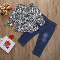 Girls Floral Printed Long Sleeve Top & Denim Trousers - PrettyKid