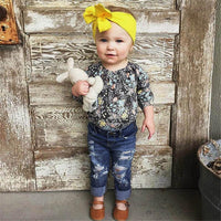 Girls Floral Printed Long Sleeve Top & Denim Trousers - PrettyKid