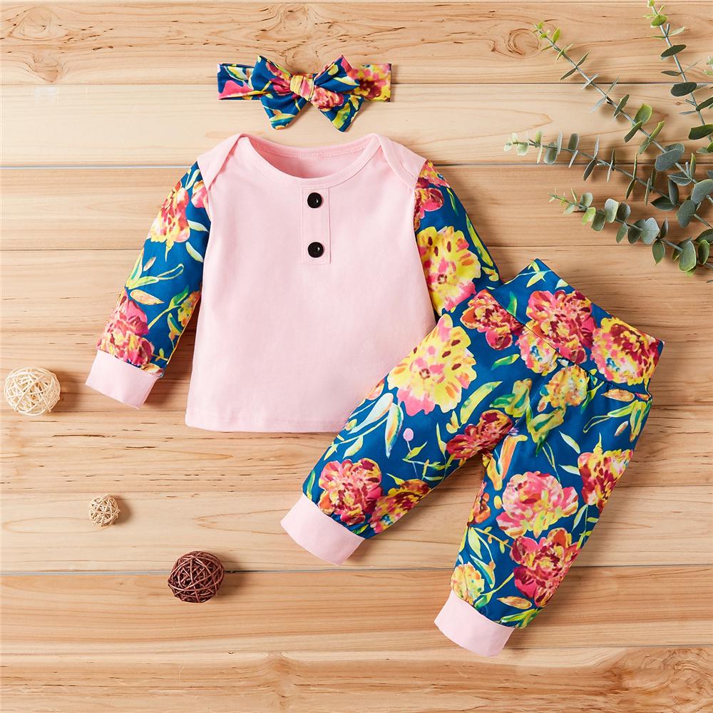 Baby Girls Floral Printed Long Sleeve Top & Pants & Headband Baby Wholesale - PrettyKid