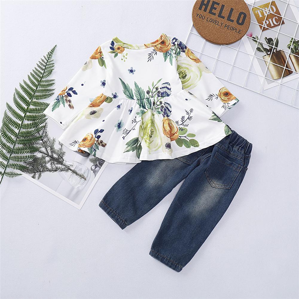 Girls Floral Printed Long Sleeve Top & Ripped Jeans Wholesale Girl Clothing - PrettyKid
