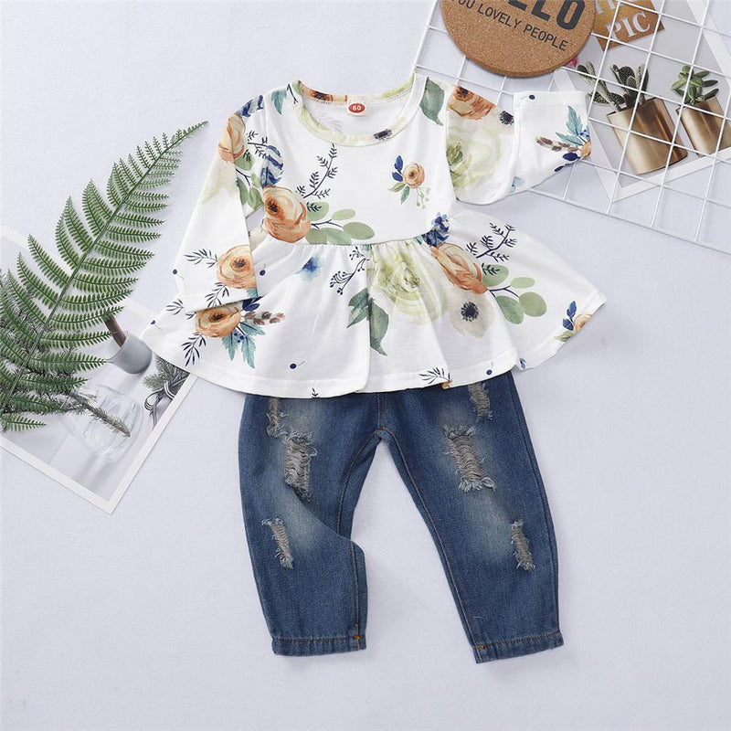 Girls Floral Printed Long Sleeve Top & Ripped Jeans Wholesale Girl Clothing - PrettyKid