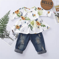 Girls Floral Printed Long Sleeve Top & Ripped Jeans Wholesale Girl Clothing - PrettyKid