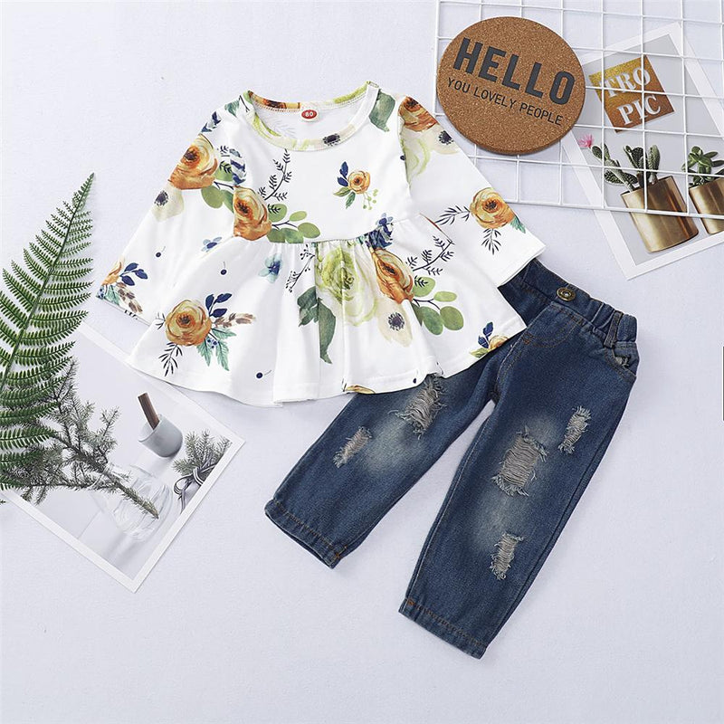 Girls Floral Printed Long Sleeve Top & Ripped Jeans Wholesale Girl Clothing - PrettyKid