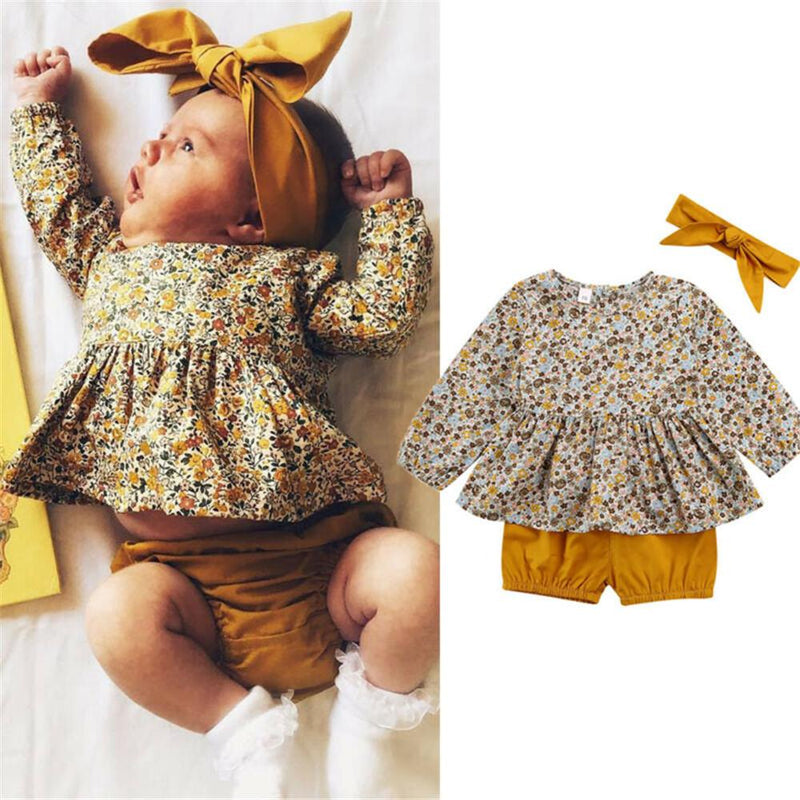 Baby Girls Floral Printed Long Sleeve Top & Shorts Wholesale Baby Outfits - PrettyKid