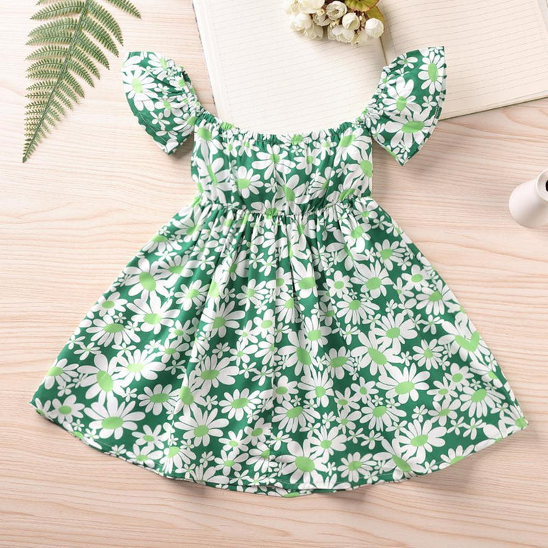 Girls Floral Printed Off Shoulder Short Sleeve Dress Trendy Kids Wholesale Clothing - PrettyKid