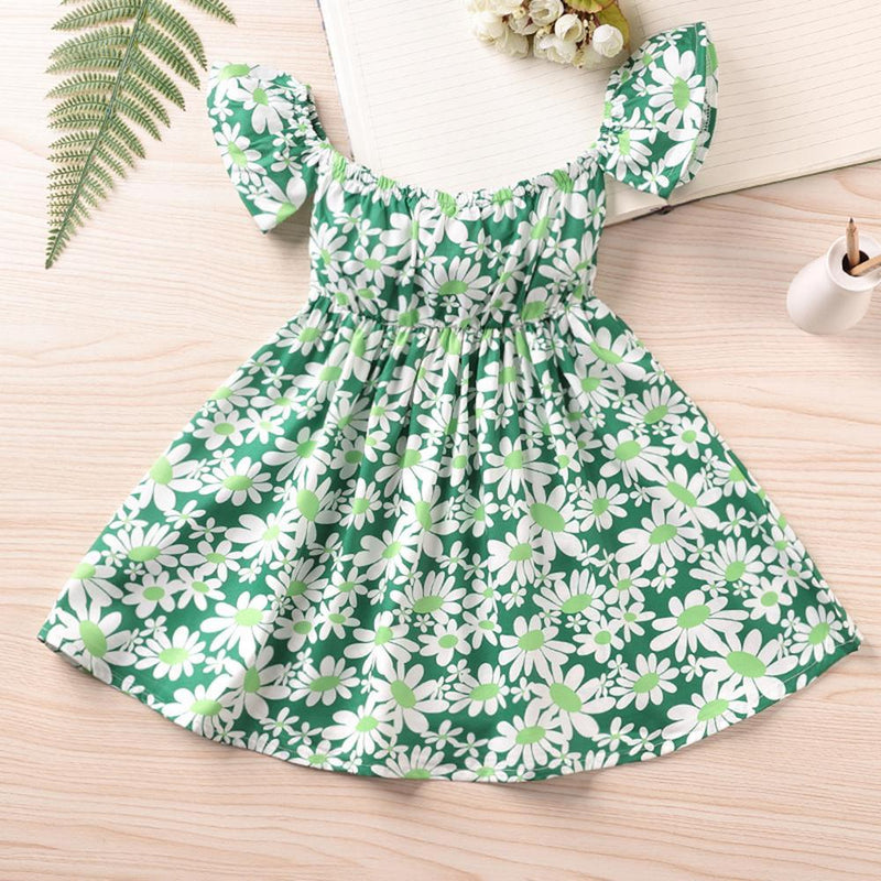 Girls Floral Printed Off Shoulder Short Sleeve Dress Trendy Kids Wholesale Clothing - PrettyKid