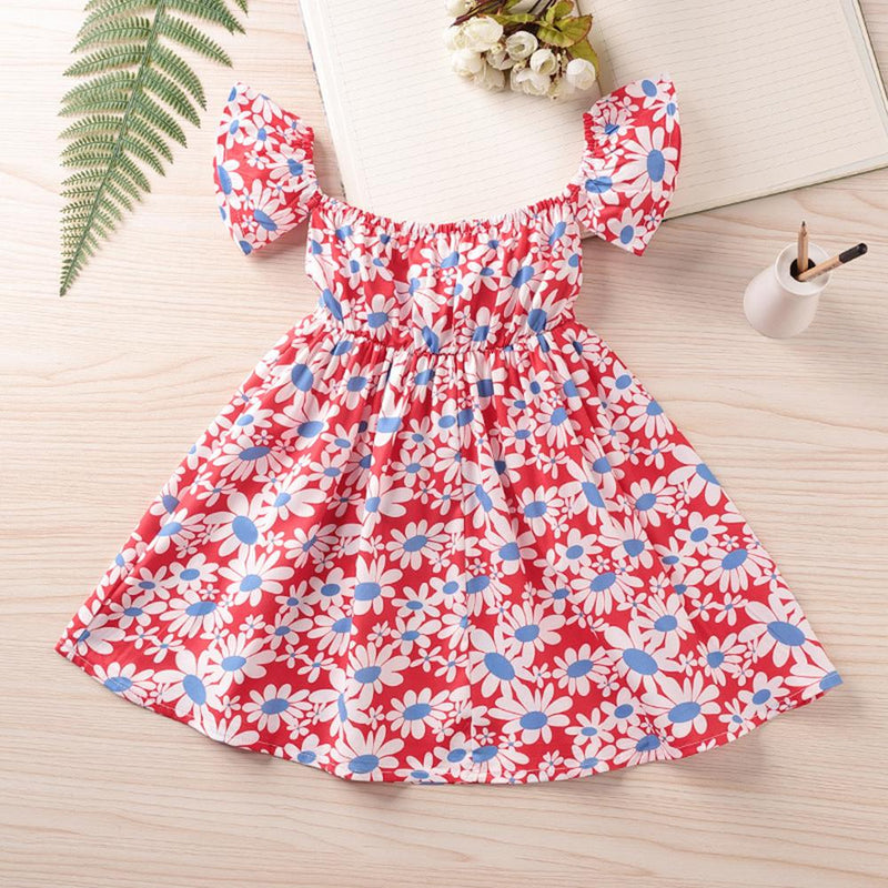 Girls Floral Printed Off Shoulder Short Sleeve Dress Trendy Kids Wholesale Clothing - PrettyKid