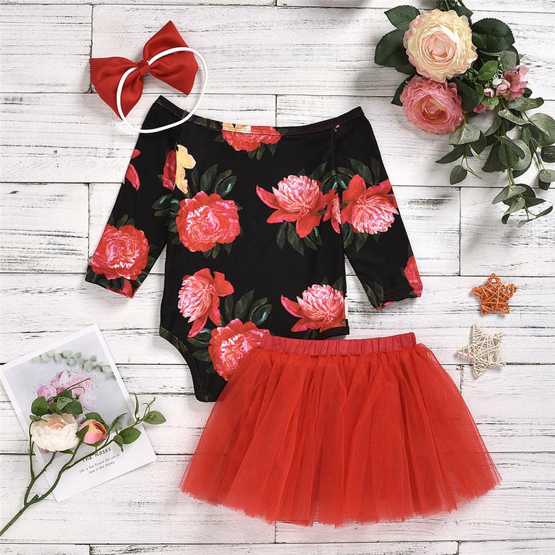 Baby Girls Floral Printed One-shoulder Romper & Tulle Tutu Skirt & Headband - PrettyKid