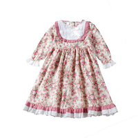 Girls Floral Printed Pleated Bow Decor Long Sleeve Dress - PrettyKid
