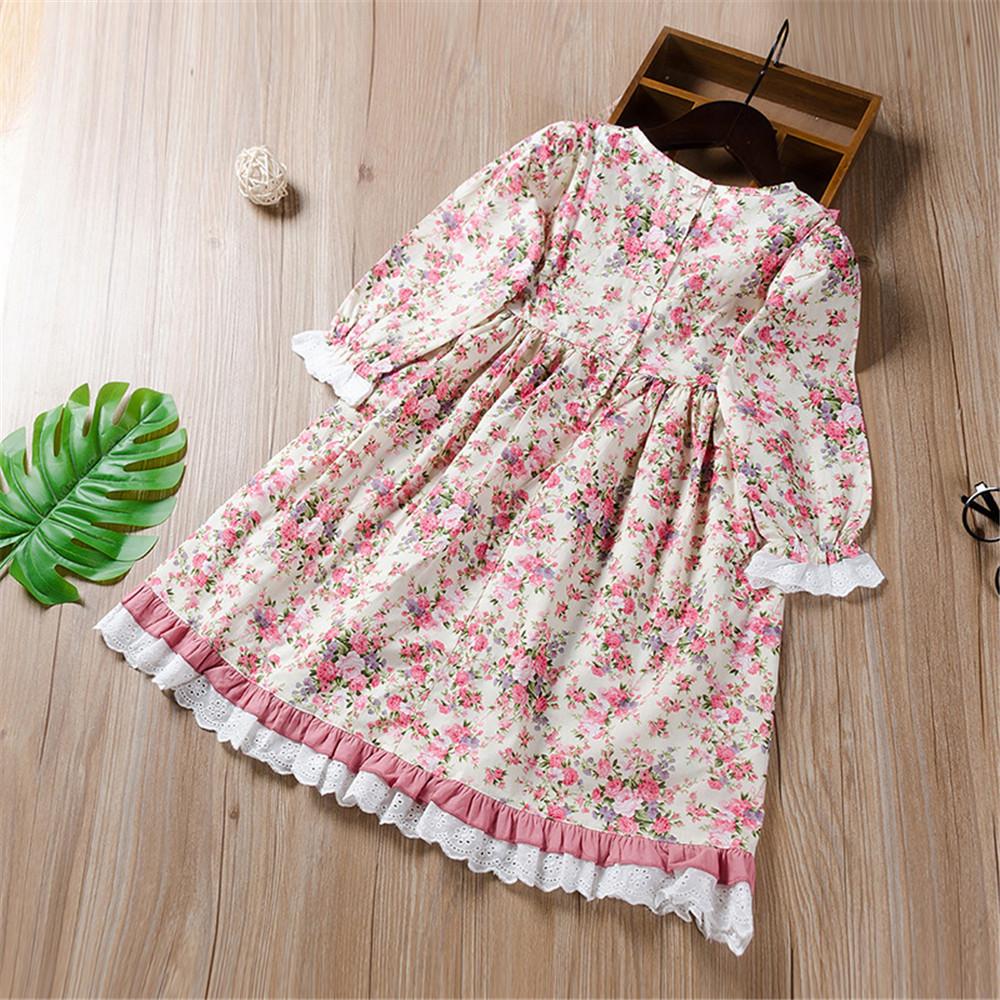 Girls Floral Printed Pleated Bow Decor Long Sleeve Dress - PrettyKid
