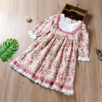 Girls Floral Printed Pleated Bow Decor Long Sleeve Dress - PrettyKid