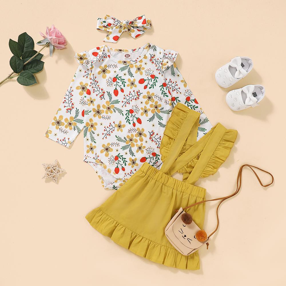 Baby Girls Floral Printed Romper & Green Skirt Baby Wholesale Clothing - PrettyKid