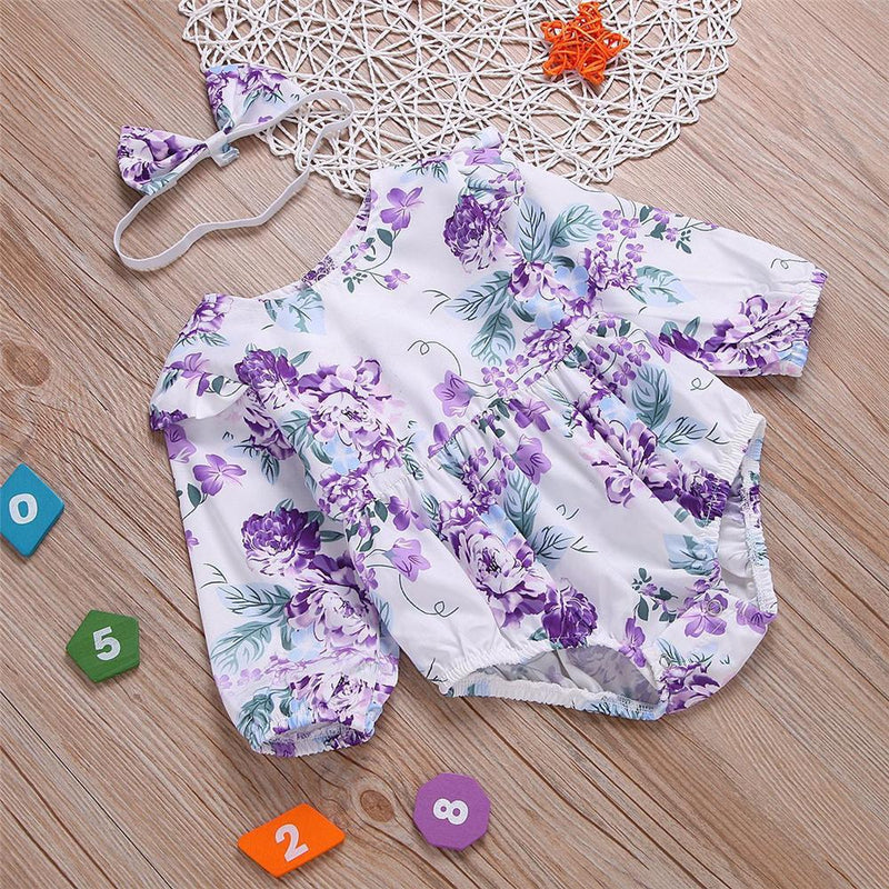 Baby Girls Floral Printed Romper & Headband Baby Clothes Wholesale Bulk - PrettyKid