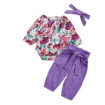 Baby Girls Floral Printed Romper & Trousers & Headband Wholesale Baby - PrettyKid