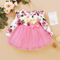 Girl Floral Printed Ruffled Bow Decor Mesh Dress Wholesale Girl Dresses - PrettyKid