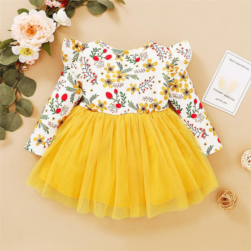 Girl Floral Printed Ruffled Bow Decor Mesh Dress Wholesale Girl Dresses - PrettyKid