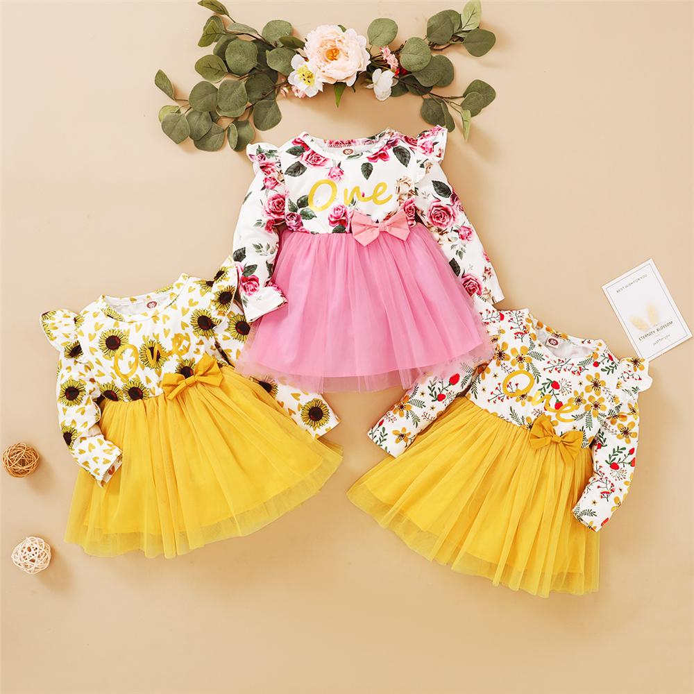 Girl Floral Printed Ruffled Bow Decor Mesh Dress Wholesale Girl Dresses - PrettyKid