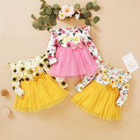 Girl Floral Printed Ruffled Bow Decor Mesh Dress Wholesale Girl Dresses - PrettyKid