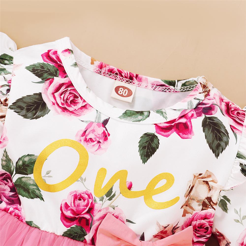 Girl Floral Printed Ruffled Bow Decor Mesh Dress Wholesale Girl Dresses - PrettyKid