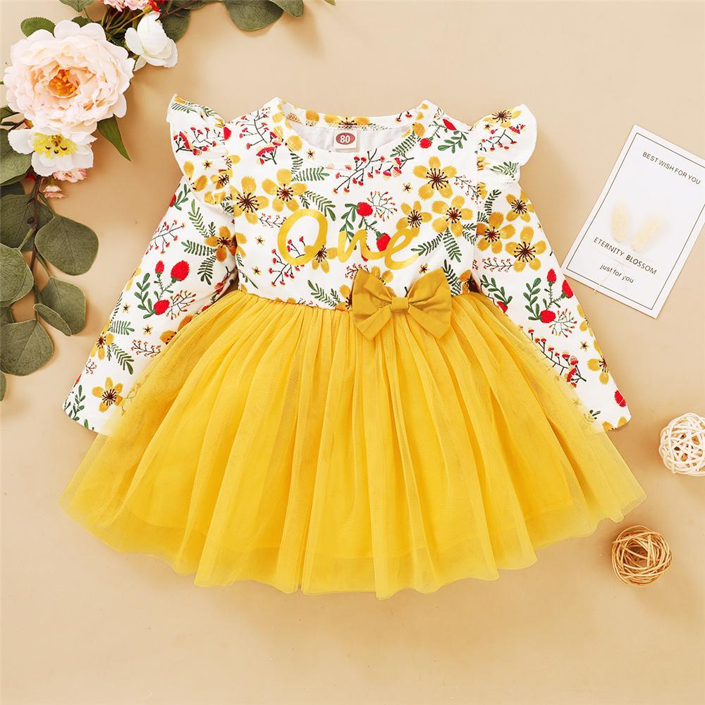 Girl Floral Printed Ruffled Bow Decor Mesh Dress Wholesale Girl Dresses - PrettyKid