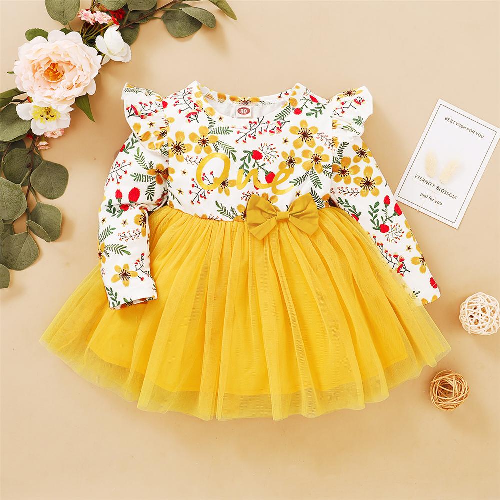 Girl Floral Printed Ruffled Bow Decor Mesh Dress Wholesale Girl Dresses - PrettyKid