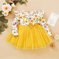 Girl Floral Printed Ruffled Bow Decor Mesh Dress Wholesale Girl Dresses - PrettyKid