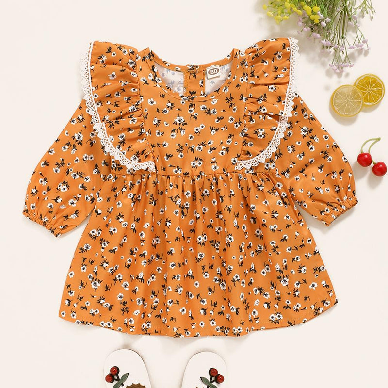 Baby Girls Floral Printed Ruffled Long Sleeve Dress Baby Clothes Wholesale Bulk - PrettyKid