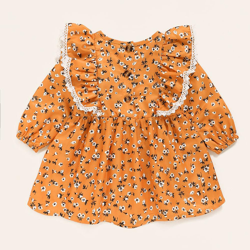Baby Girls Floral Printed Ruffled Long Sleeve Dress Baby Clothes Wholesale Bulk - PrettyKid