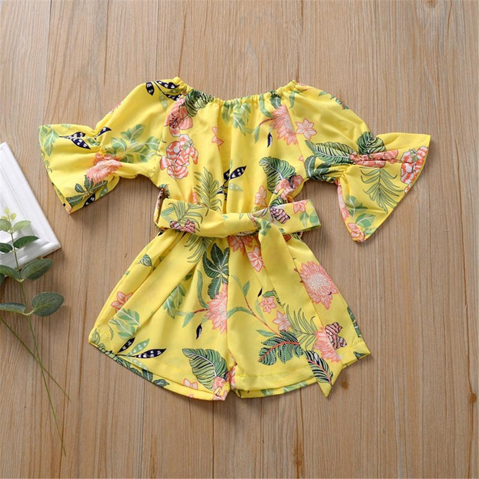 Girls Floral Printed Short Sleeve Belt Jumpsuit Baby Girl Boutique Clothing Wholesale - PrettyKid
