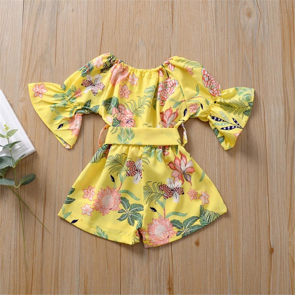 Girls Floral Printed Short Sleeve Belt Jumpsuit Baby Girl Boutique Clothing Wholesale - PrettyKid