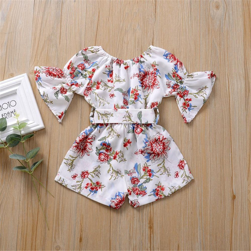 Girls Floral Printed Short Sleeve Belt Jumpsuit Baby Girl Boutique Clothing Wholesale - PrettyKid
