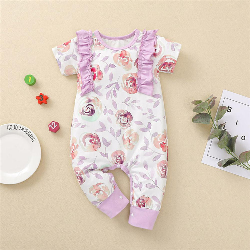 Baby Girls Floral Printed Short Sleeve Ruffled Romper Baby Wholesale - PrettyKid