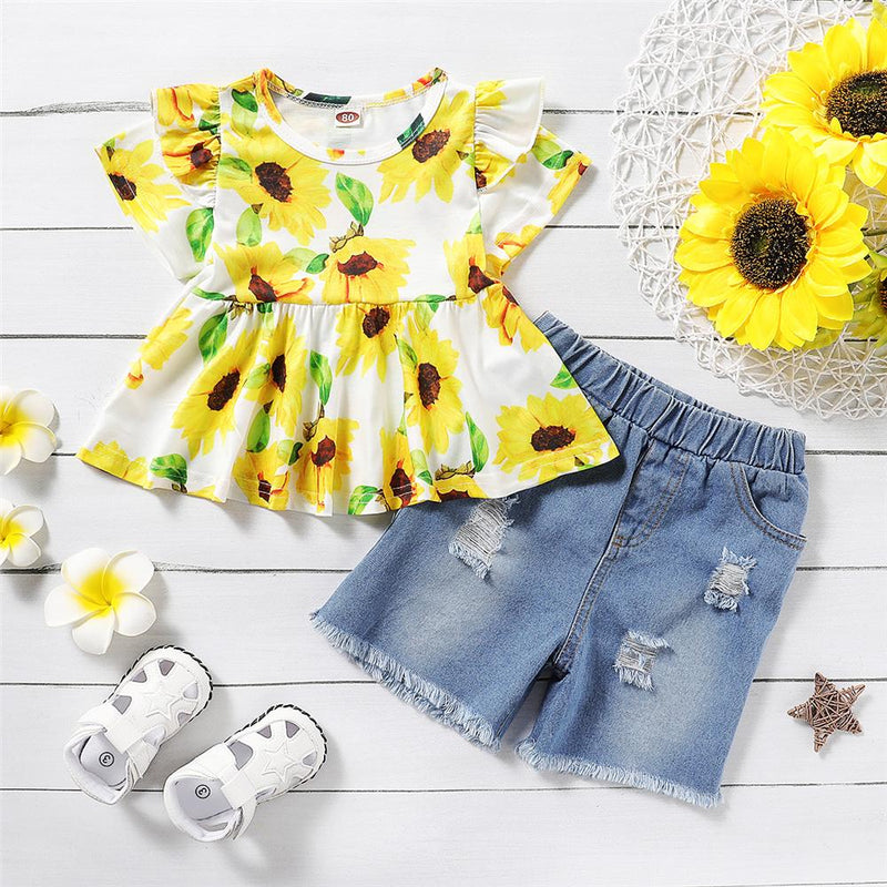 Girls Floral Printed Short Sleeve Top & Ripped Denim Shorts Girls Clothing Wholesale - PrettyKid