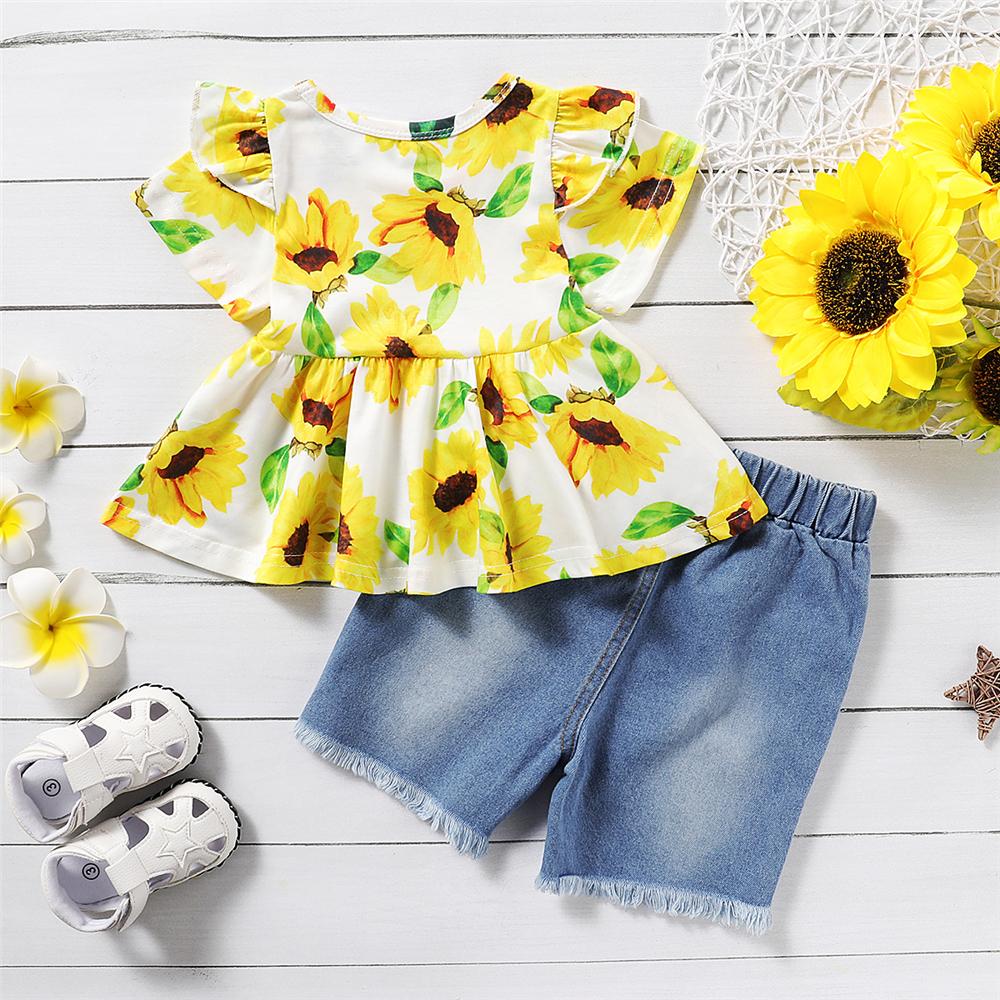 Girls Floral Printed Short Sleeve Top & Ripped Denim Shorts Girls Clothing Wholesale - PrettyKid