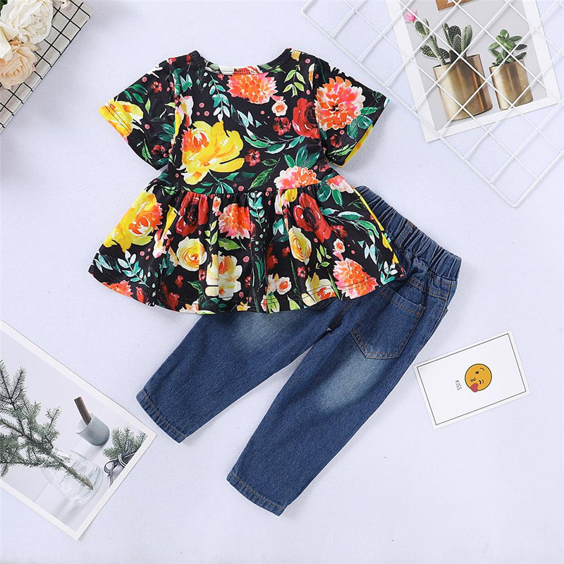Baby Girls Floral Printed Short Sleeve Top & Ripped Jeans Cheap Boutique Baby Clothing - PrettyKid