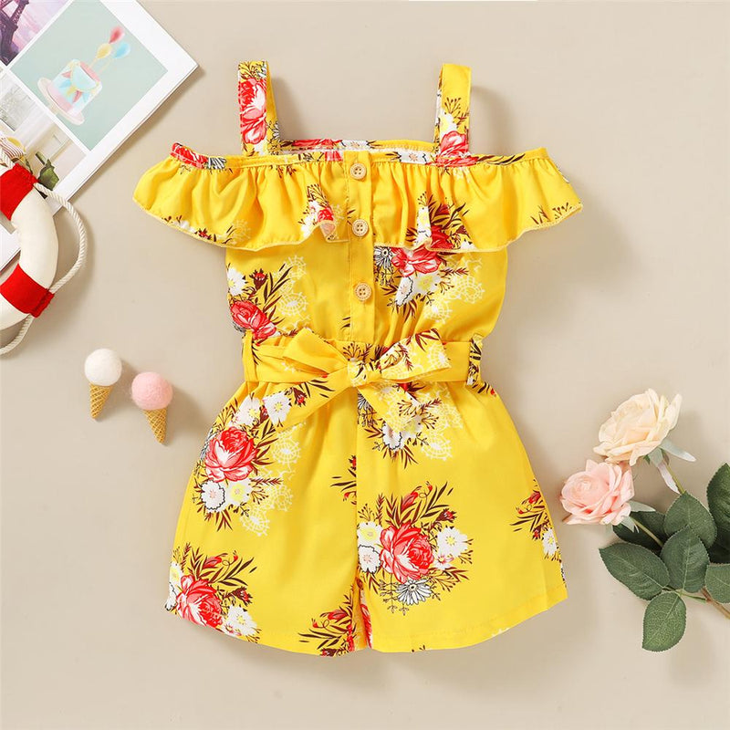 Girls Floral Printed Sleeveless Button Summer Jumpsuit & Belt Little Girl Leggings Wholesale - PrettyKid
