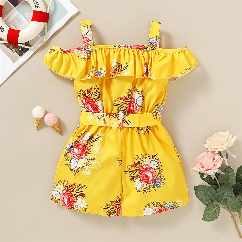 Girls Floral Printed Sleeveless Button Summer Jumpsuit & Belt Little Girl Leggings Wholesale - PrettyKid