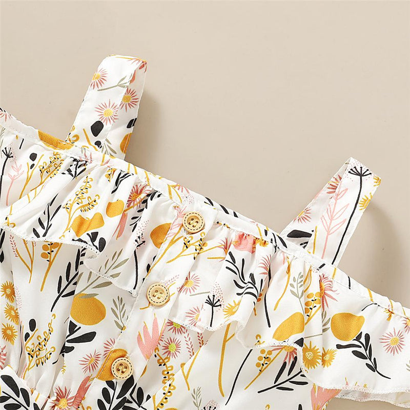 Girls Floral Printed Sleeveless Button Summer Jumpsuit & Belt Little Girl Leggings Wholesale - PrettyKid